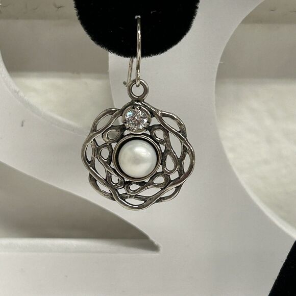 Didae Shablool Pearl CZ Modernist Dangle Earrings 925 Sterling Silver Signed - Picture 3 of 9